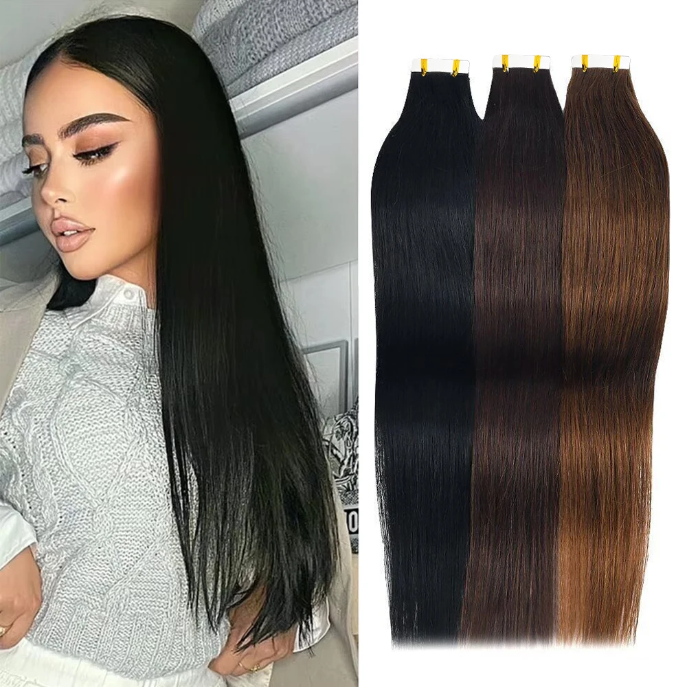 

Прямые накладные пряди для наращивания волос, 100% натуральные человеческие волосы Реми, бесшовные, на ленточной основе, натуральный черный цвет, для полного объема.