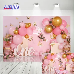 Pastel Pink Girl 1st Birthday Photography Backdrop Balloons Bird Cage Butterfly Flower Arch Background Party Decor Baby Shower