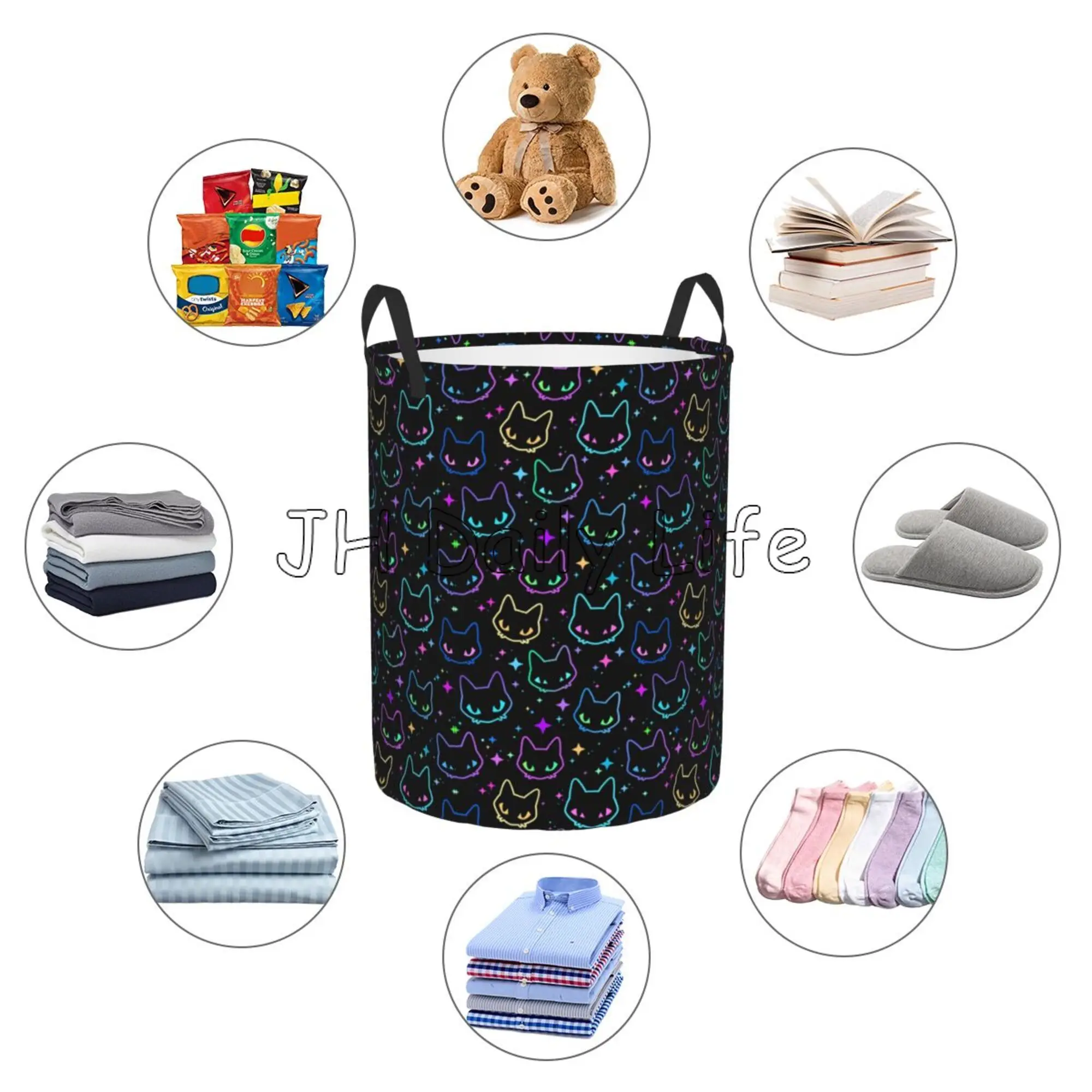 Funny Black Cats Round Laundry Hamper Cute Cat Silhouettes Storage Basket Toys Clothes Organizer Bin for Home Bathroom Bedroom