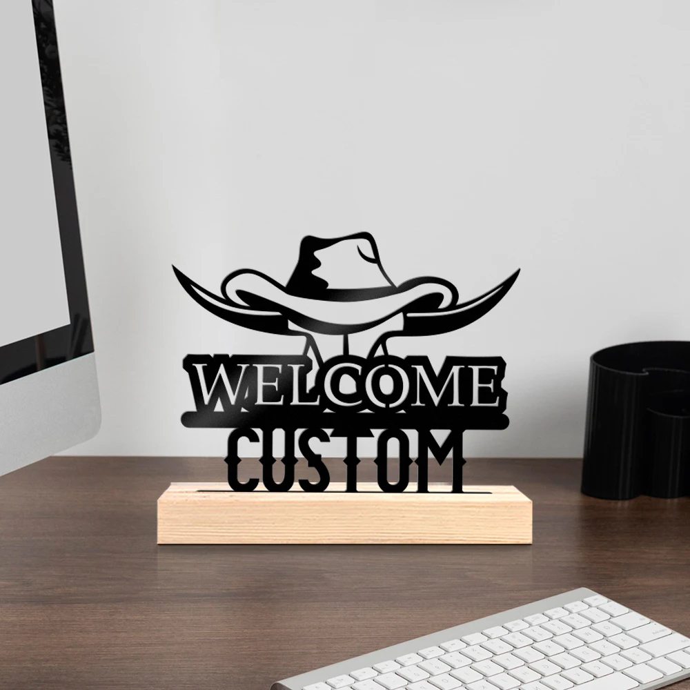 1pc Personalized Iron Desktop Ornament Customizable Content With Wooden Base Desktop Decorations,Office Decorations