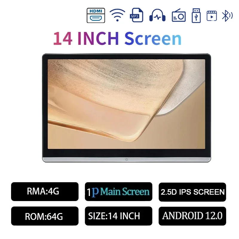 13.3/14 "Auto Hoofdsteun Monitor Display IPS Android 12 2G + 32G/4G + 64G/8G + 128G Touchscreen Voor Auto Achterbank Speler Dual HDMI Muziek