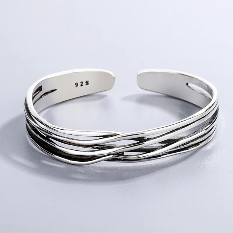 Neue Retro Wave geflochtene Armbänder Sterling Silber Schmuck Persönlichkeit geometrische exquisite Öffnung Armreifen sl037