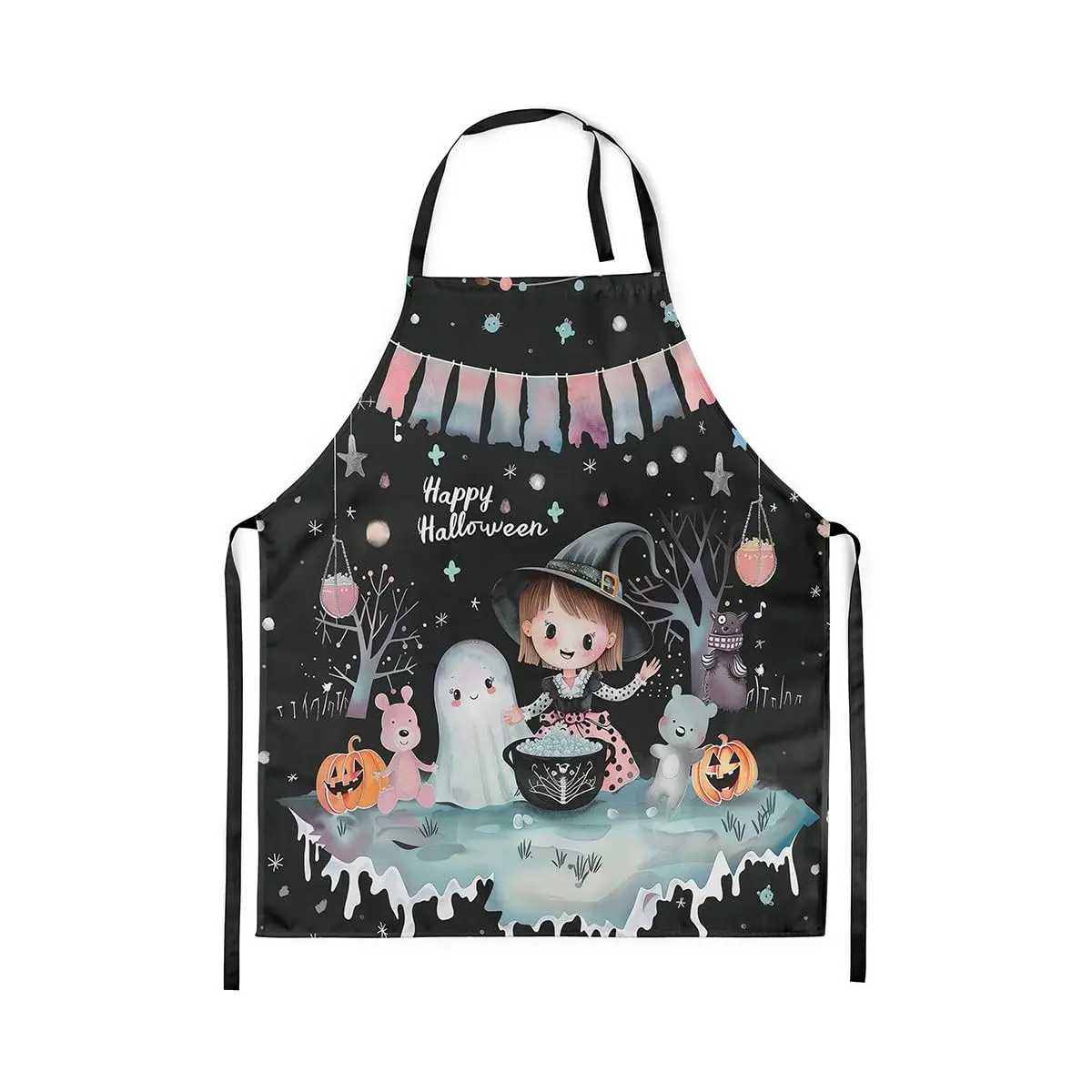 

Happy Halloween Kitchen Apron Cute Watercolor Ghost Cartoon Witch Apron for Adults Trees Flag Hippie Pumpkin Apron