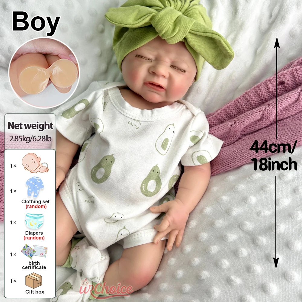 18インチのフルソフトシリコン製リボーンドール、男の子、手作り、洗える、リアルな特徴、快適さと感情的なサポートを提供、子供のおもちゃ