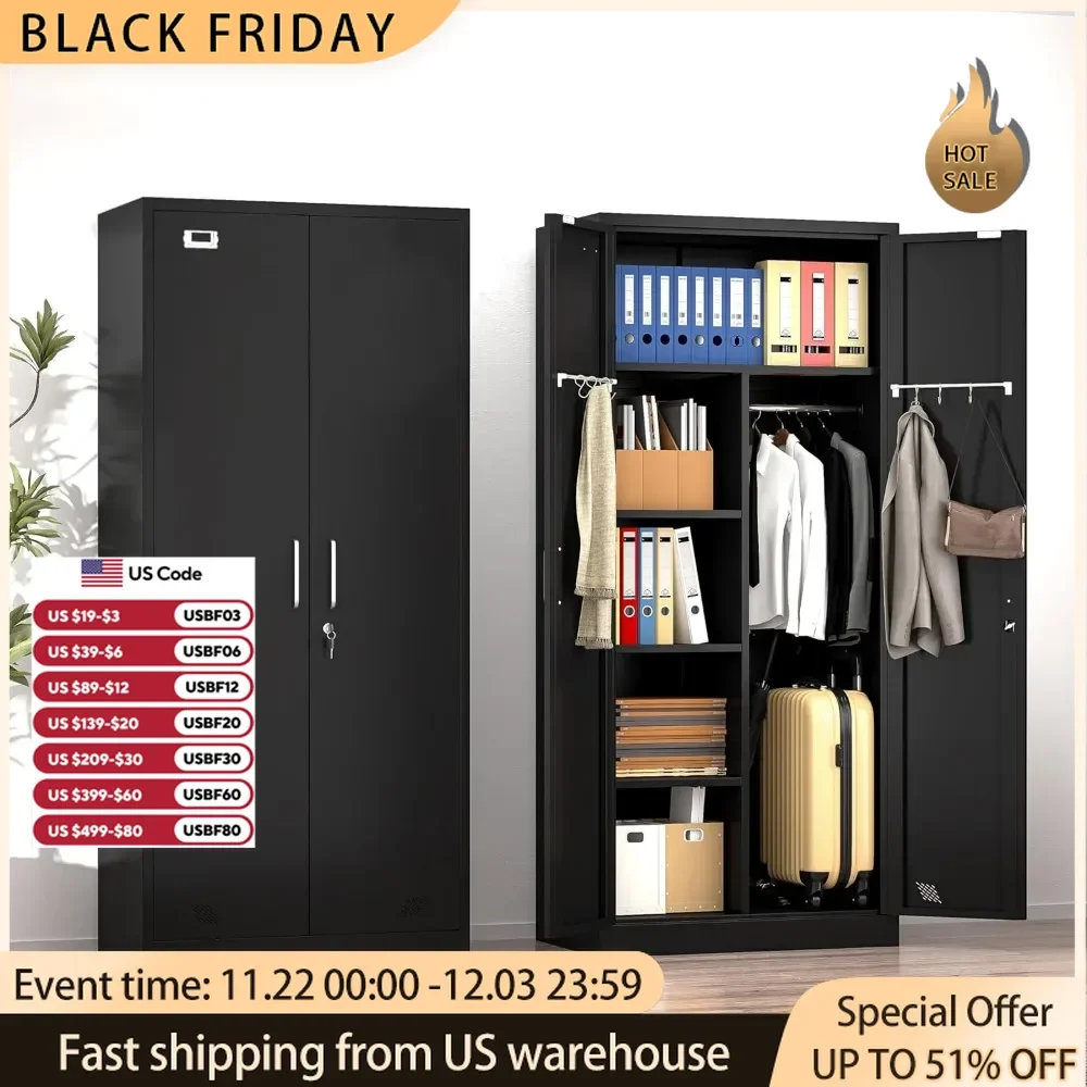 

72'' Metal Wardrobe Closet,Storage with Doors and Shelves Armoire -Black,Armoire Wardrobe Closet with Hanging Rod