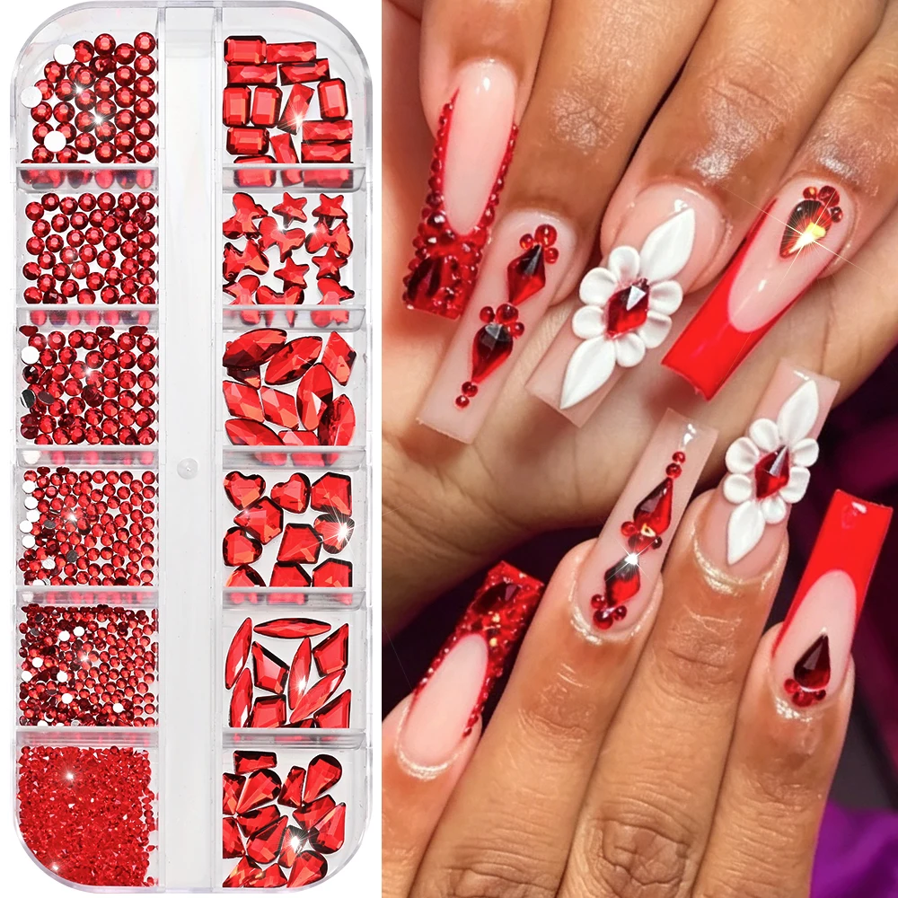 1Box Luxury Red Multiple Sizes Irregular Shape Diamond Nail Gems K9 Crystal Nail Art Charms Rhinestones Kit Manicure Supplies *#