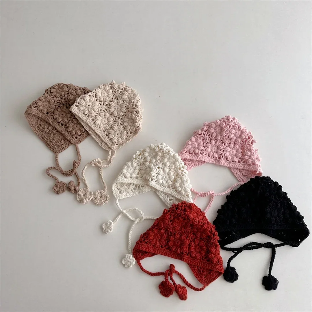 Knitted Baby Hat Kids Girls Handmade Crochet Ear Flap Beanie Cute Hollow Out Warm Spring Headwear Fashion Ear Protection Cap image 3