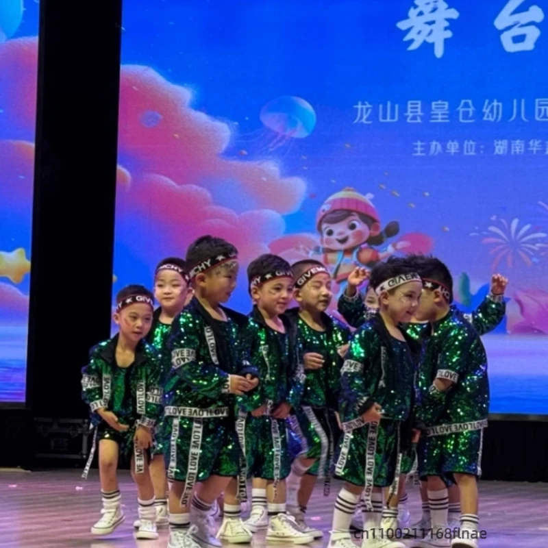 Trajes de desempenho de dança jazz infantil, trajes de desempenho de lantejoulas de dança moderna, conjuntos de dança de rua para meninos e meninas