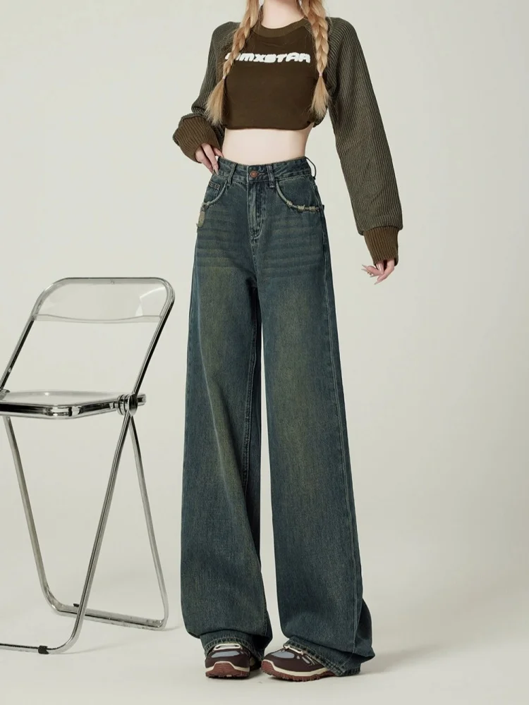 الأمريكية Sle خمر فضفاض واسعة الساق الجينز المرأة Faion عالية الخصر التخسيس الطابق طول السراويل لباس غير رسمي الخريف جديد Arr... #3