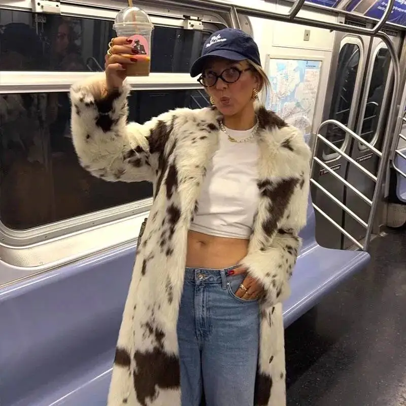 Women Faux Fur Long Coats Jackets Turn Down Collar Coat Thick Warm Y2k Streetwear Jacket Elegant Work Outerwear Autumn Winter