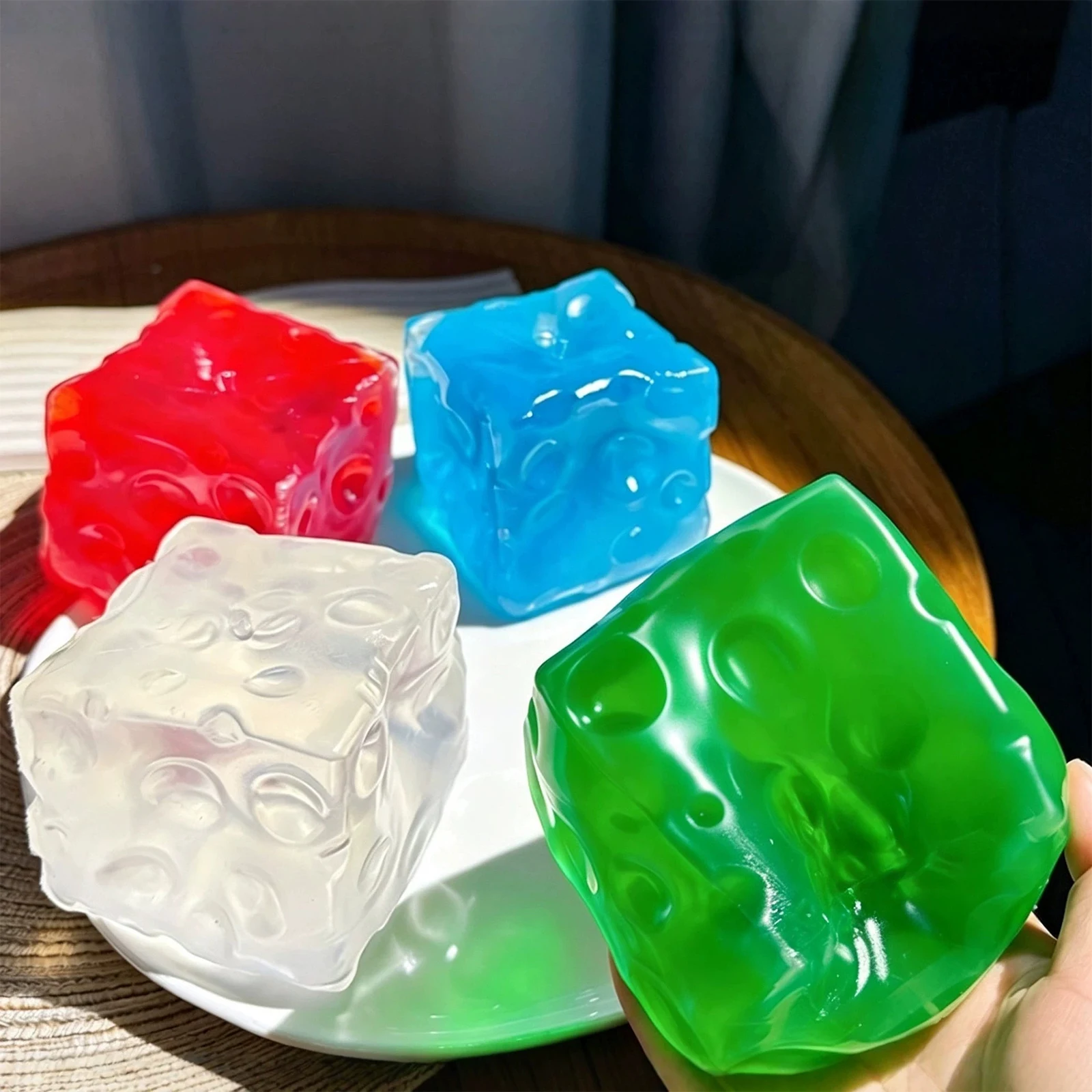 7.5cm Clear Cheese Cube Stress Balls Multi-Purpose Cute Food Shape Fidgets Toy Sensory Decompression Tool for Classroom Prizes