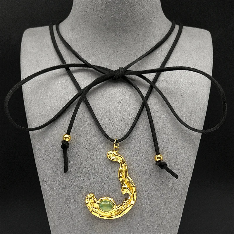 

Fishhook Shape Stone Pendant Necklace For Women Girl Stainless Steel Long Chain Knotted Bowknot Choker Female Body Jewelry