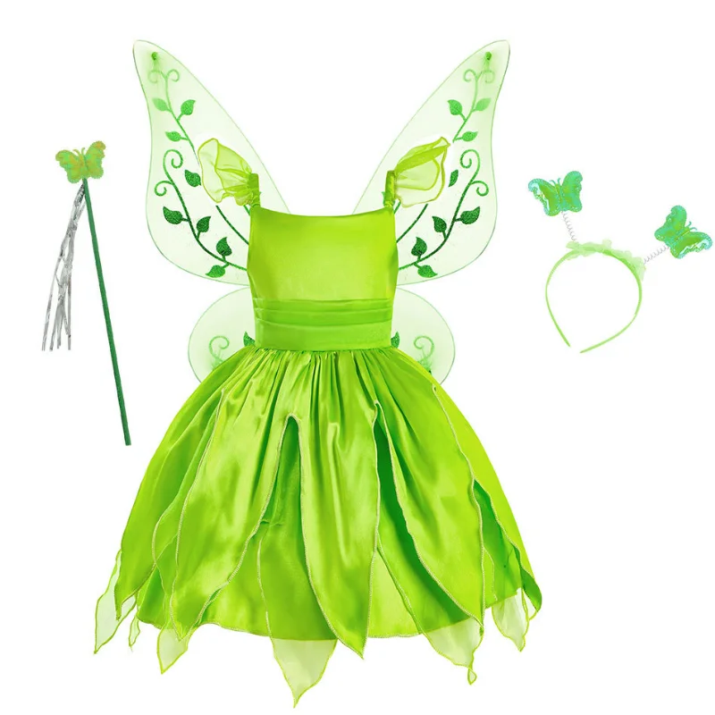 Disney Tinker Bell Princess Halloween Cosplay Girls Party Green Flower Fairy TinkerBell Dress Elf Costume Glitter Butterfly Wing