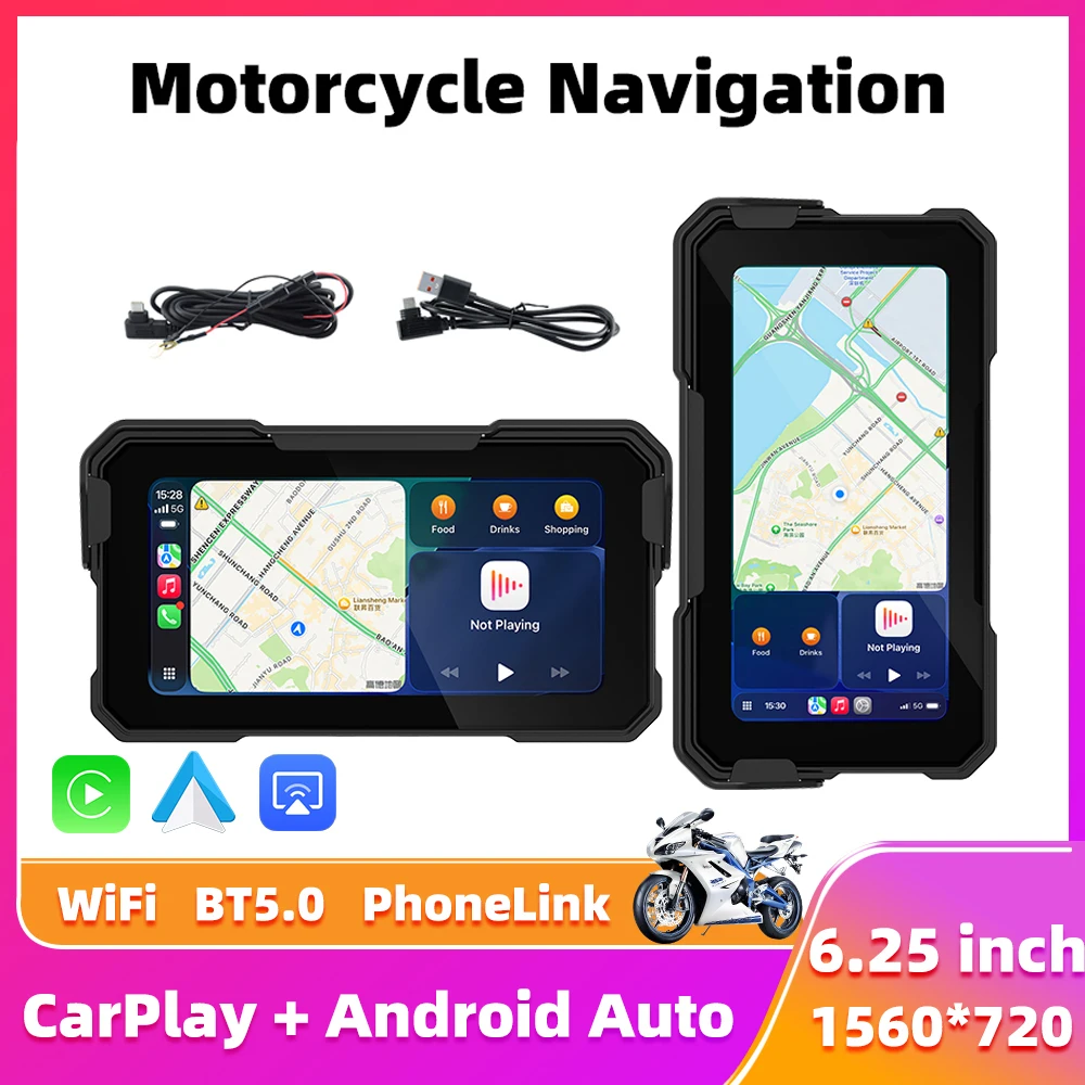 6.25 Inch Motorcycle GPS Navigator Wireless CarPlay Android Auto Display Bluetooth5.0 WiFi Moto Navigation Screen Player