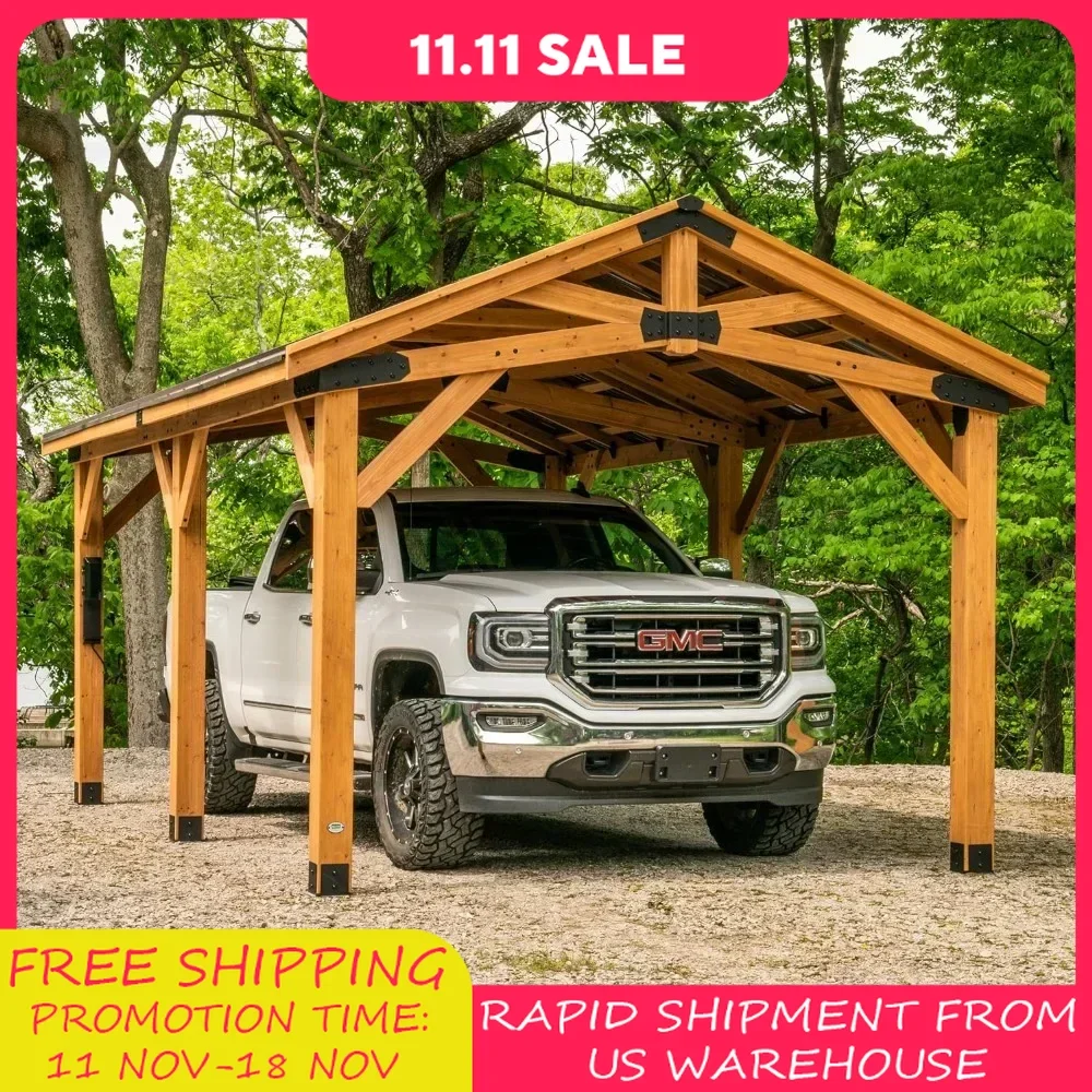 Norwood 20 Ft. X 12 Ft. All Cedar Wooden Carport Pavilion Gazebo with Hard Top Steel Roof Light Brown