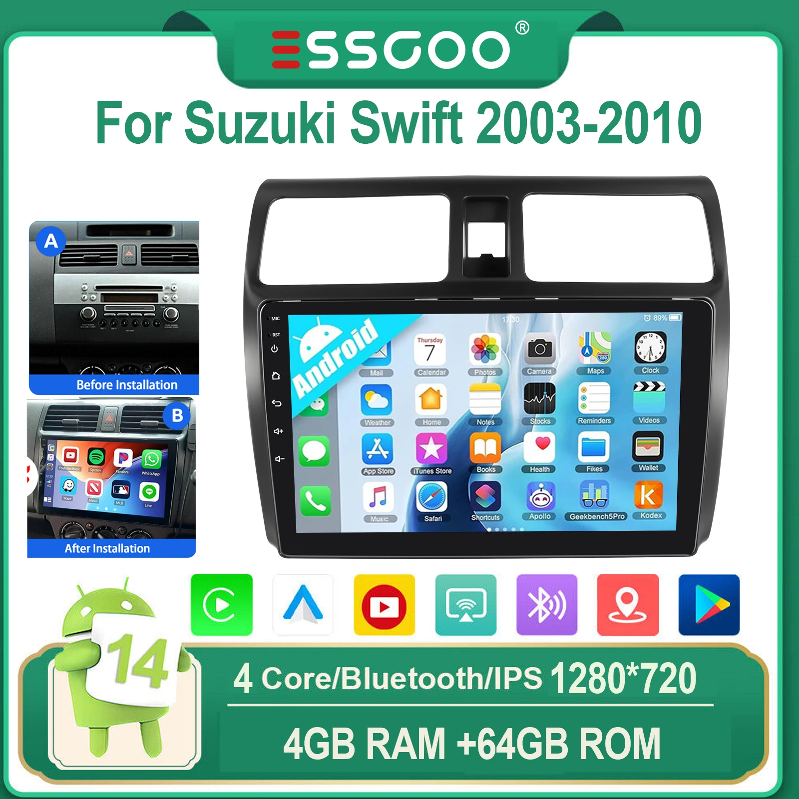 ESSGOO Voor Suzuki Swift 2003-2010 Android 14 10" IPS Touchscreen Autoradio Draadloze CarPlay Android Auto WIFI GPS Bluetooth FM Mirror Link Stuurwielbediening 4-Core Multimedia Videospeler
