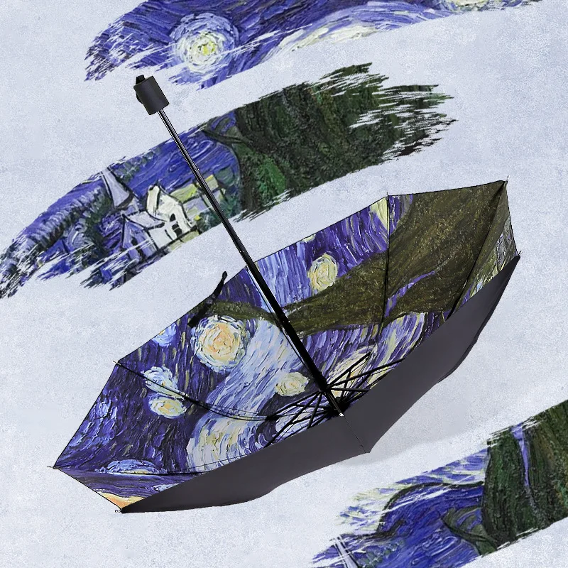 High Quality Folding Umbrella Female Windproof Paraguas Van Gogh Oil Painting Umbrella Rain Women Black Coating Parasol