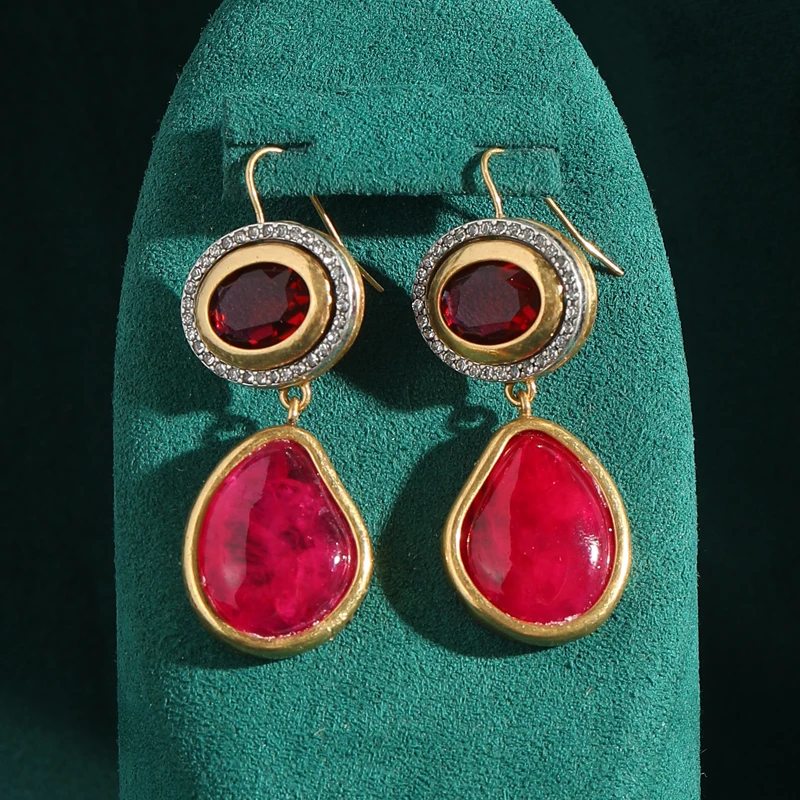 

Vintage Natural Stone Pink Drop Earring Pendent Oval Red Crystal For Women Luxury Korean Style Antique Mother's Day Jewelry 2026