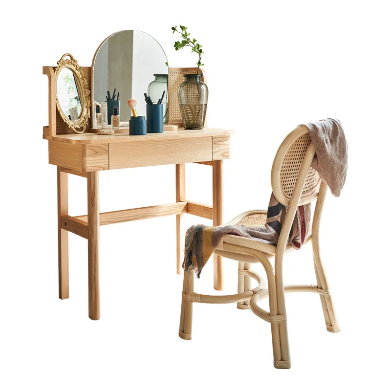 Factory Direct 2026 Nordic rattan dressing table, small apartment, home bedroom, mirrored dressing table, solid wood makeup tabl