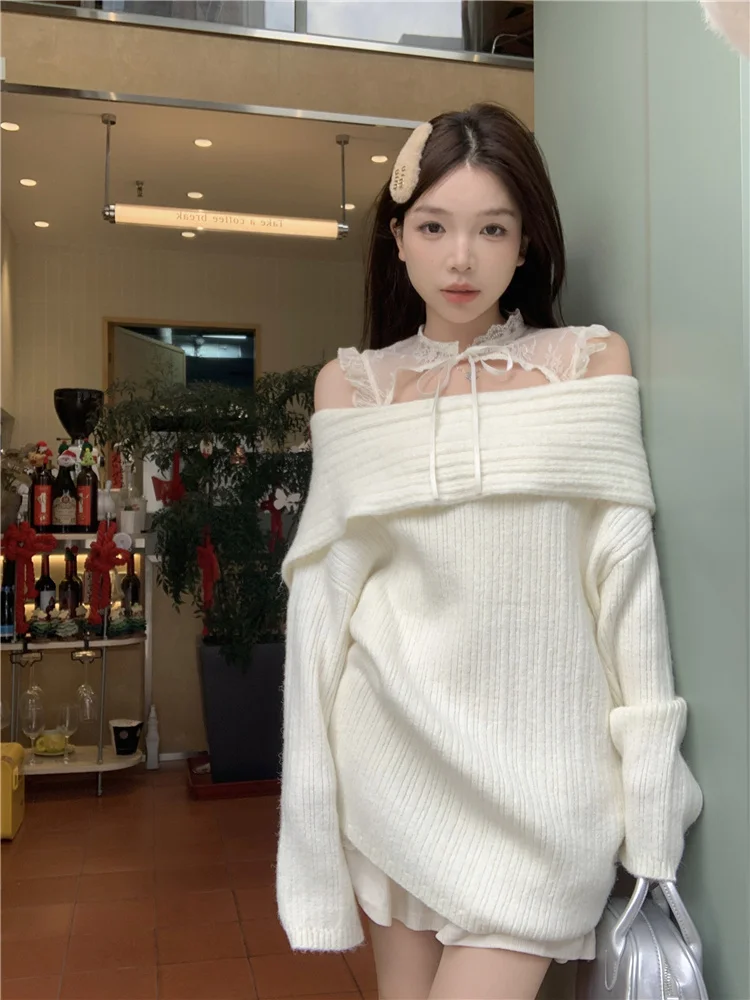 

Lazy Style Long Sleeved Sweater for Women Autumn 2025 New Style Loose Pure Knitted Tops Chic Slash Neck Oversized Pullovers