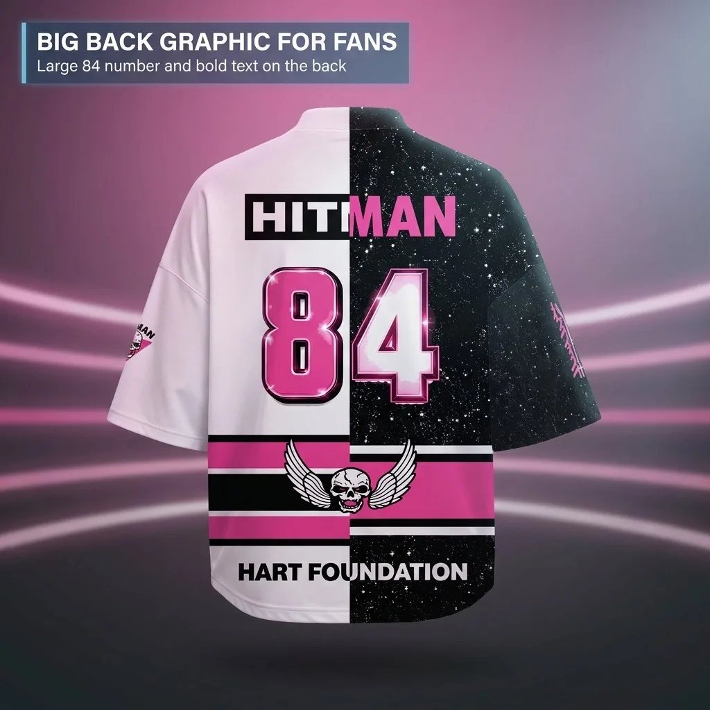 Schwarz-weißes Split Hitman 84 Wrestling-Trikot mit V-Ausschnitt, rosa Totenkopf-Herz-Flügel-Grafik-T-Shirt für Retro-Wrestling-Fans, Match-Day-T-Shirt – Detail 5