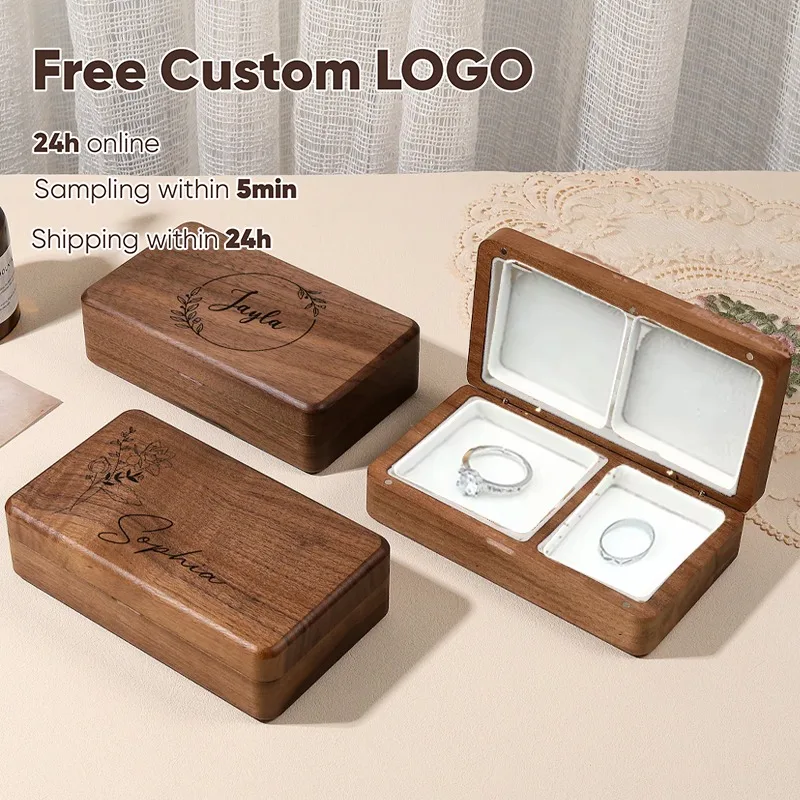 Free Custom Walnut Wooden Ring Necklace Box Personalized For Wedding Anniversary Gift Necklace Earring Ring Storage Jewelry Box