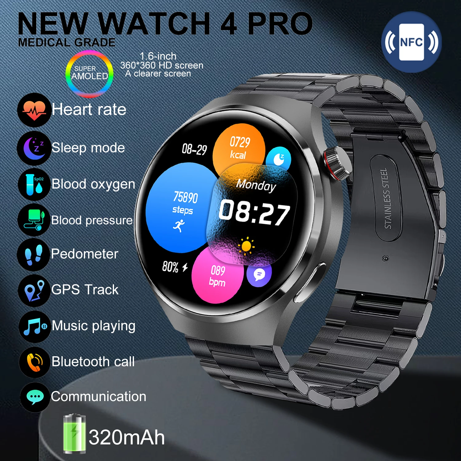 

Часы 4 Pro с AMOLED HD-экраном для мужчин и женщин SmartWatch Bluetooth Вызов Сердечный ритм NFC GPS Трек Спортивные умные часы 2025 Новинка