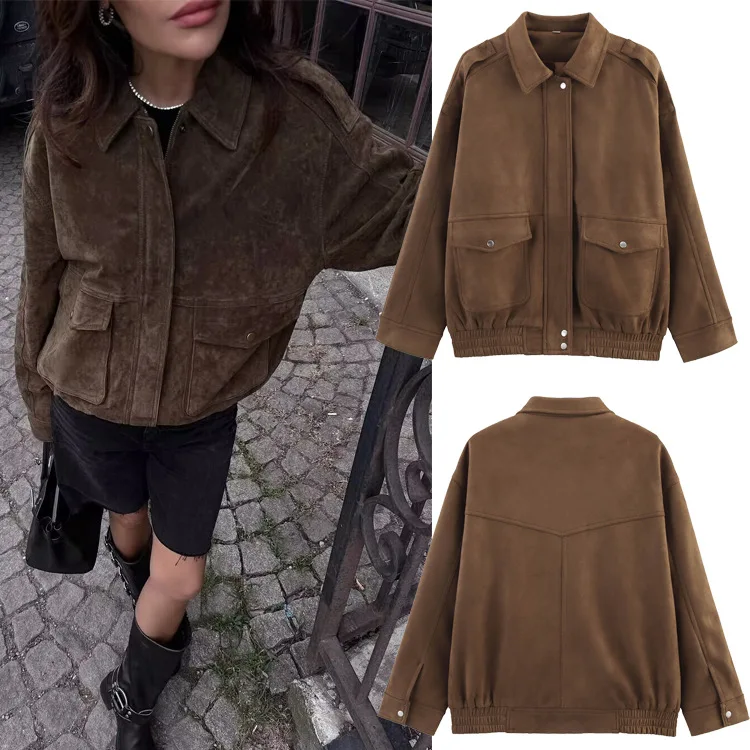 

Women's Vintage Bomber Jacket Lapel Long Sleeves Suede Jacket Zipper Buttons Patch Pockets Solid Color Loose Patchwork Coat