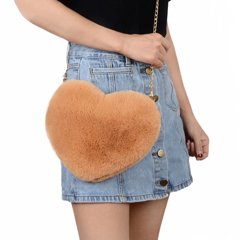 Bolso de hombro en forma de corazón de piel sintética suave, bolso cruzado esponjoso lindo, Mini bolso de hombro con cadena, bolso de mensajero de moda