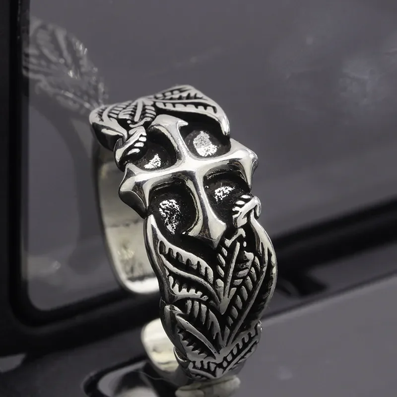 Vintage Cross Ring Trendy Personality Hip Hop Style Leaf Texture Index Finger Ring High End Imitation Thai Silver Open Ring