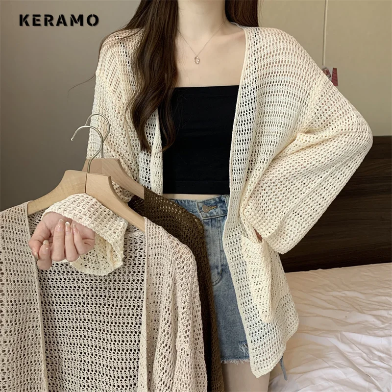 

2024 Summer Casual Vintage V-Neck Knitting Long Sleeve Cardigans Women Sweet Solid Color Hollow Out Female Loose Fit Sweater