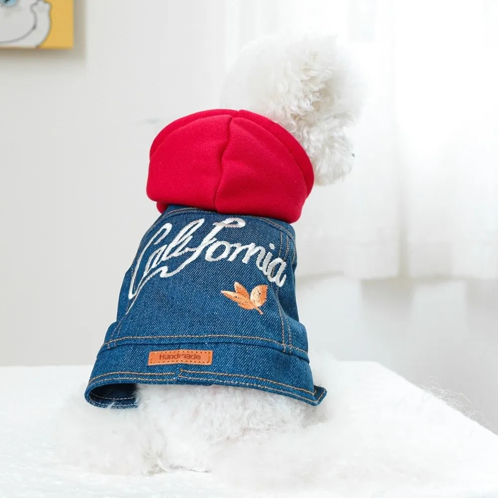 Handsome Letter Embroider Pet Denim Hoodie Windproof Comfortable Dog Coats with Drawstring Pet Cowboy Outfit Daily Wear