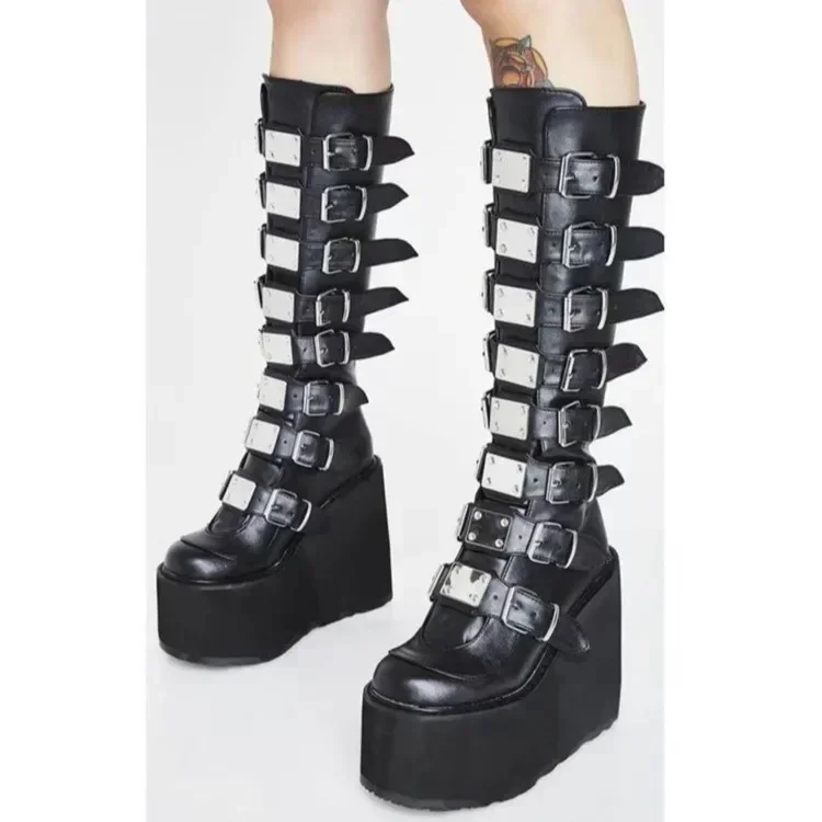 Stivali da donna punk Cosplay Ladies Zeppe con plateau con tacco alto Stivali alti da donna Stivali da donna in pelle a tubo lungo con cinturino con