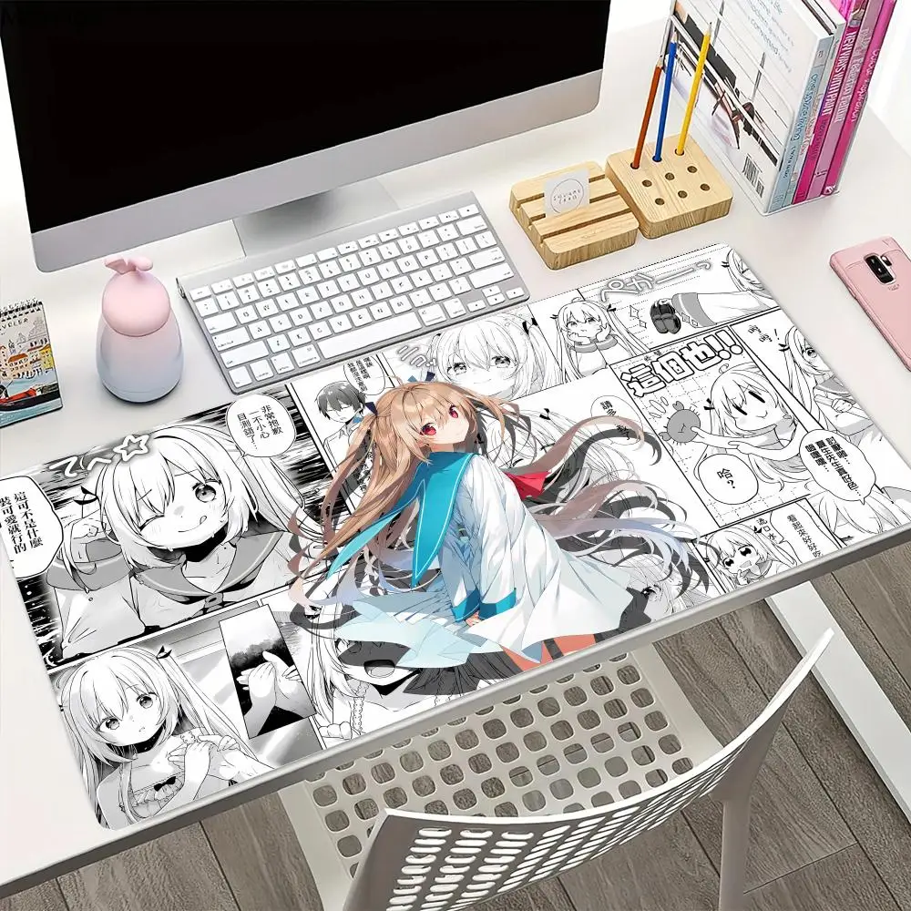 لوحة ماوس فتاة أنيمي باللونين الأسود والأبيض، لوحة ماوس كاواي لسرعة الألعاب، وسادات لوحة مفاتيح كبيرة من المطاط، سجادة مكتبية مطبوعة عالية الدقة، سجادة لطيفة