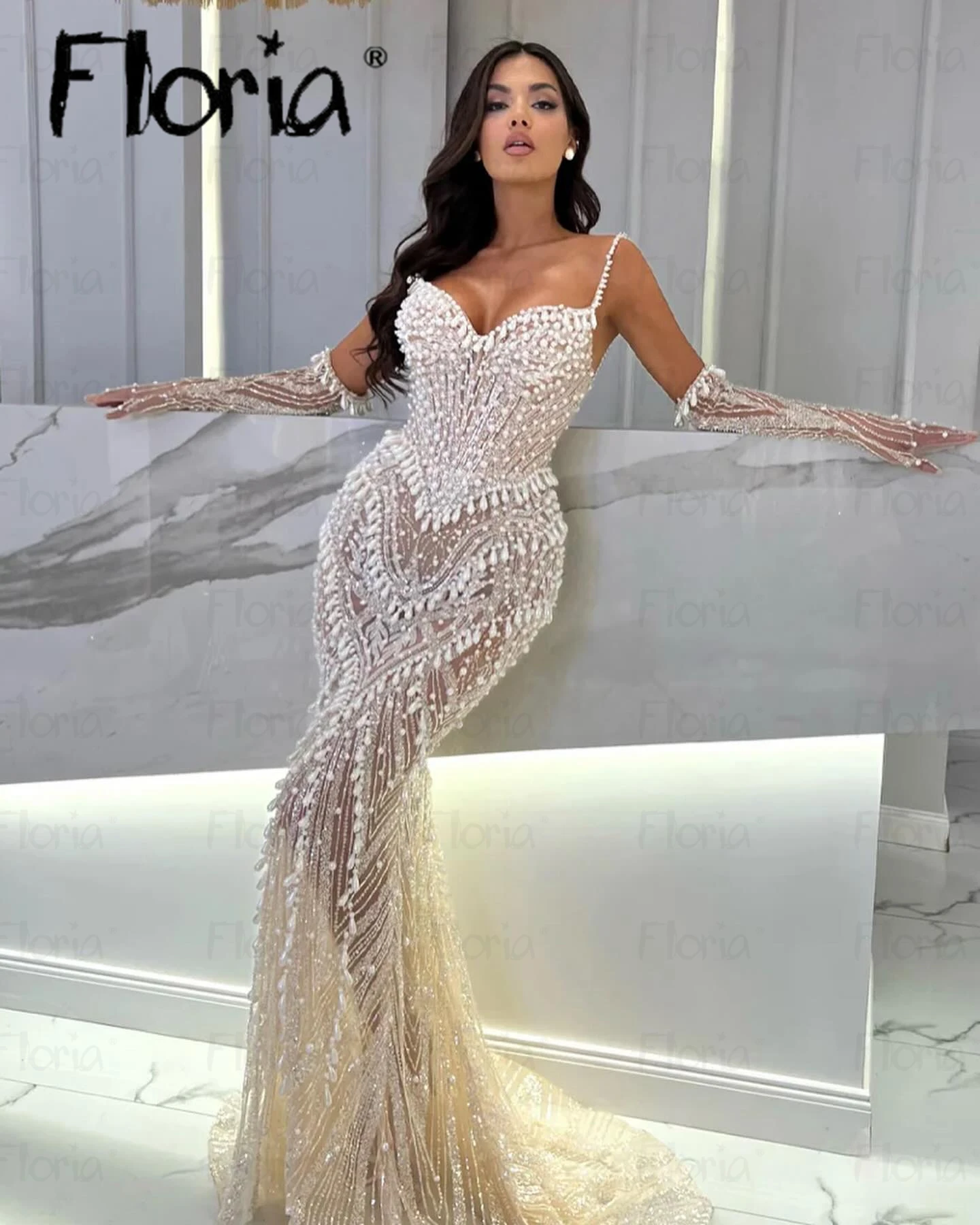 Chic Full Ivory Pearls Party Dress Removable Sleeves Long Mermaid Bride Prom Gowns Customize Luxury Sequins Celebrity Gowns 2024