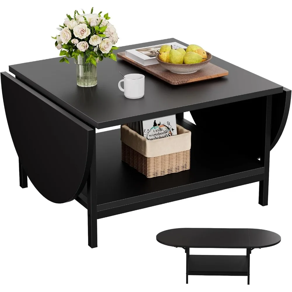 

Black Coffee Table Modern Extended Coffee Tables with Storage for Living Room 2-Tier Unique Center Table with Two Folding Panel