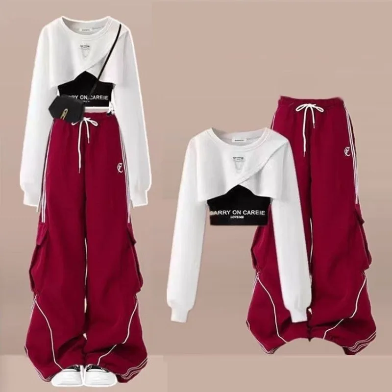 Girl Spring Autumn New Vintage Letter Fake Two Piece Long-sleeved Hoodie+Casual Pants Suit Korean Elegant Tracksuit Matching Set