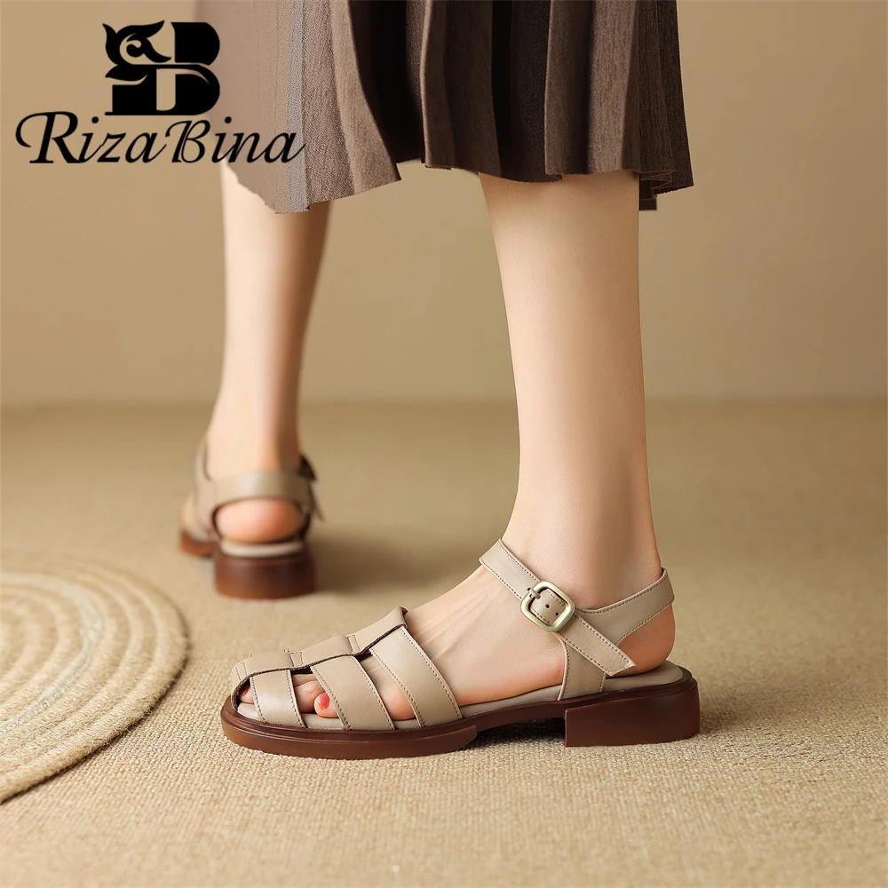 RIZABINA Vintage Sandals For Women Genuine Leather Low Heel Closed Toe Summer Slingback Shoes Ladies T-tied Office Casual Pumps