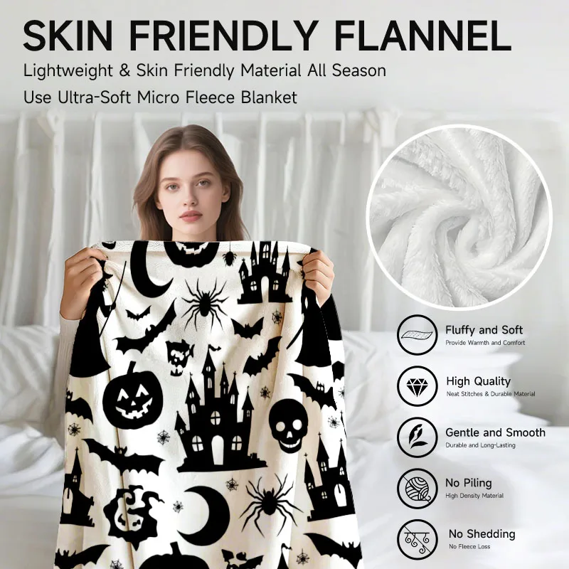 قطعة واحدة من بطانية الفانيلا باللونين الأبيض والأسود بطابع الهالوين، ناعمة، مناسبة للأريكة والسرير والمكتب والاستخدام لجميع المواسم. #5