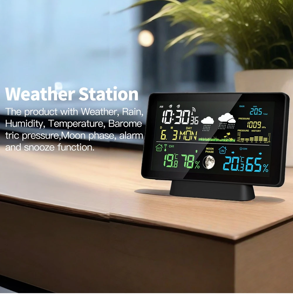 Беспроводная метеостанция, датчик дождя, термометр, DCF, радиосигнал, время, дата, будильник, давление воздуха, фаза Луны, прогноз погоды