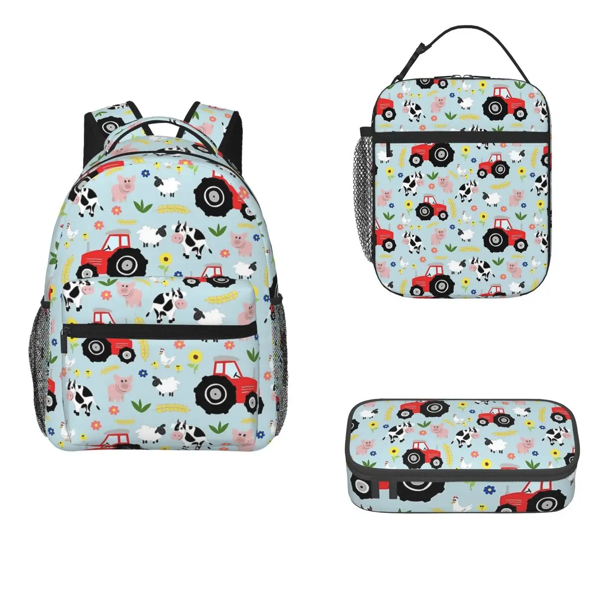 

Cute Kids Red Tractor Farm Animal Pattern Backpacks Boys Girls Bookbag Cartoon Kids Rucksack Lunch Bag Pen Bag Three-Piece Set