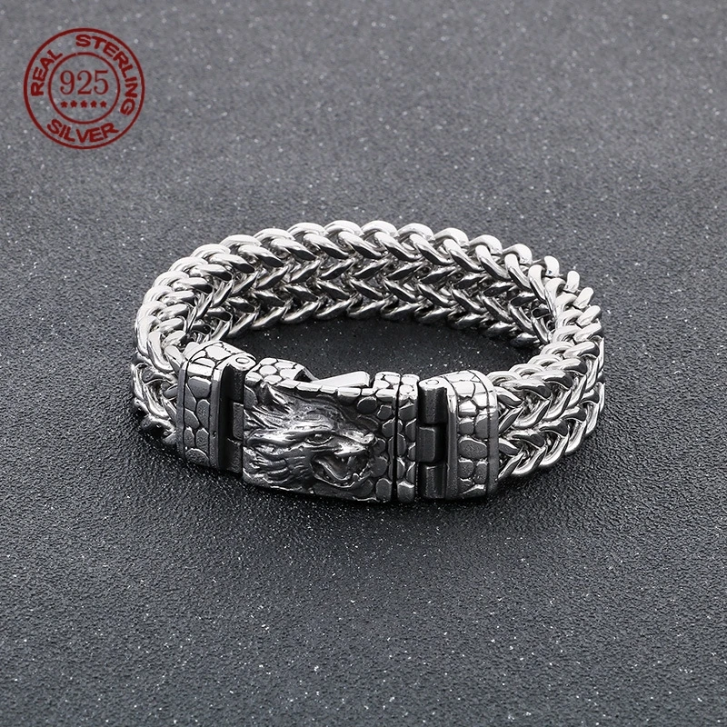 Retro personality animal hand decoration S925 Sterling Silver punk classic Wolf head texture square Braided bracelet Jewelry