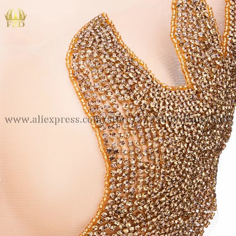 1 PCS Handmade Gold Crystals Rhinestone Bodice Appliqué for Wedding Event Decoration Embroidery Patch Iron-On or Sew-On Option