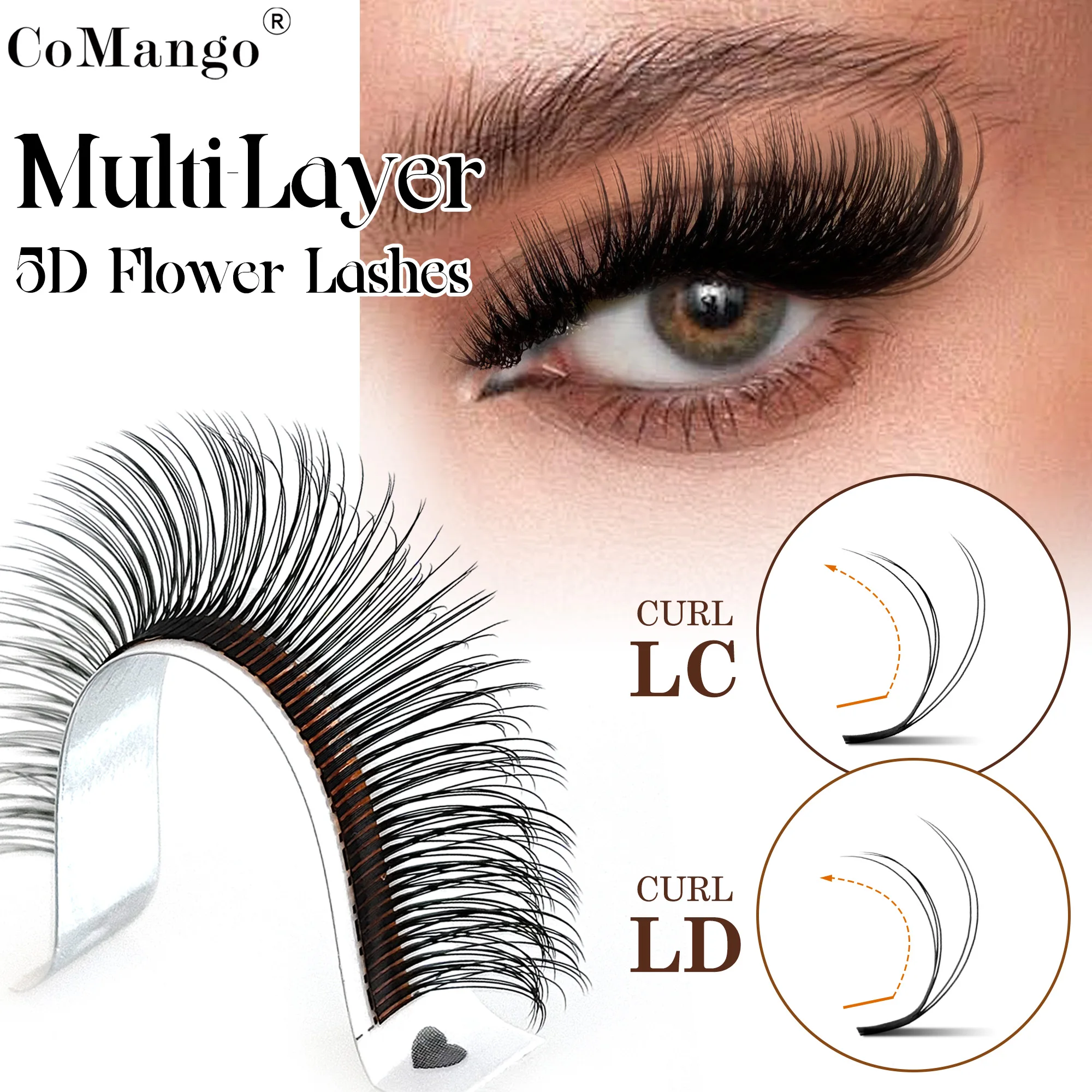 CoMango Hochwertige mehrschichtige 5D-Wimpernverlängerung, LC/LD, weiche 5D-Flora-Fairy-Wimpern, schwarz, einzelne Cluster-Wimpern