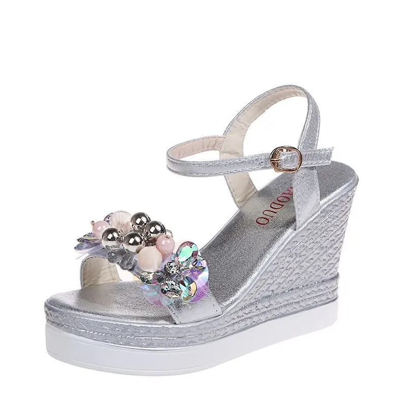 New Female Ankle Strap Buckle Rhinestone Crystal Sandals 2021 Summer Women Round Toe High Heels Fashion Ladies Wedges Shoes Gold