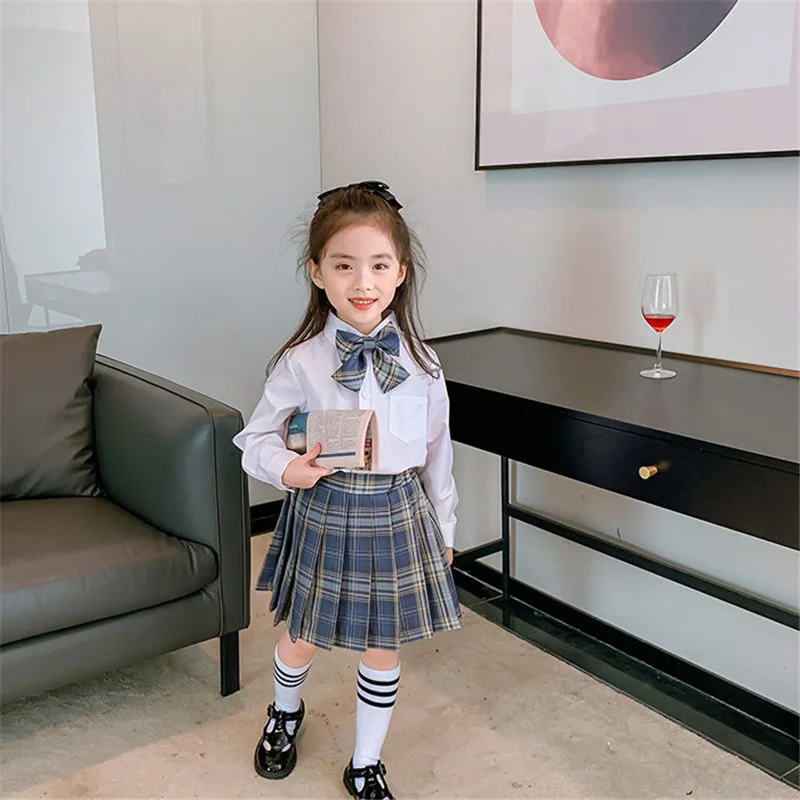 Japenese Style Baby Girls School Uniform Suit Children Kids Bow Blouses+Pleated Skirt Performance Clothes Kids Dance Wear Sets