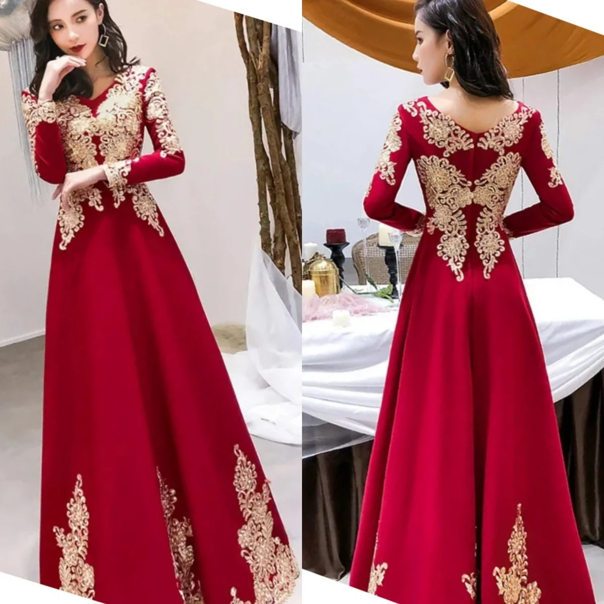 

Evening Dress Burgundy Jersery Golden Appliques Full Sleeve Vintage A-Line Robe De Soiree V-neck Zipper Back Formal Party Gown