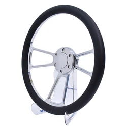 Universal 14 Inch 350mm Classic Retro Microfiber Leather Steering Wheel Black Chrome Plated Three Spoke Bracket 7mm Thick