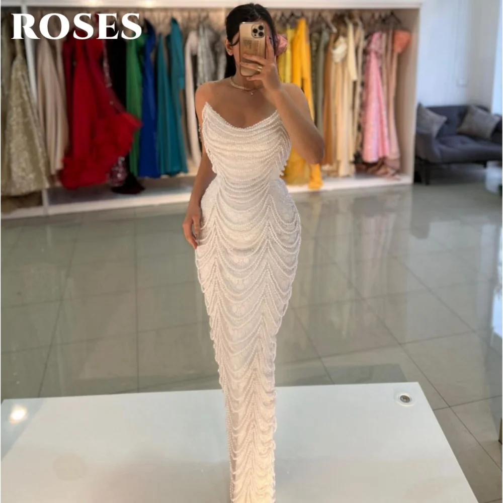 

ROSES Ivory Evening Dress for Women Sleeveless Prom Dress Trumpet Beading Party Formal Gown with Beadings robe de bal Customized