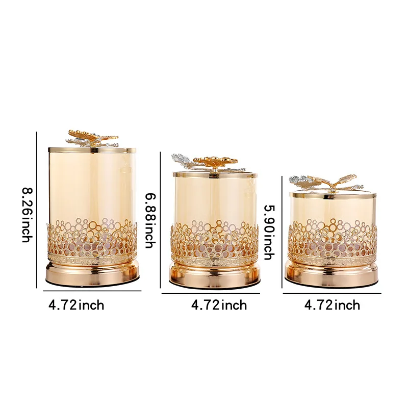 European Style Gold Butterfly Jewelry Box Glass Candy Jar with Lid Room Fruit Dessert Tea Cup Glass Box Metal Openwork Ornament